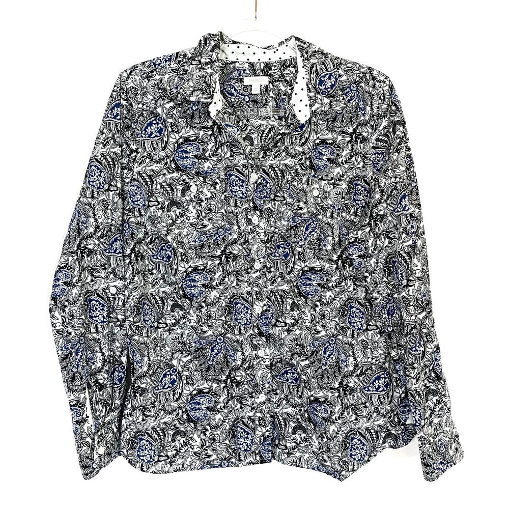 Talbots 100% Cotton Floral Button Up Shirt Black Blue Womens Large Petite